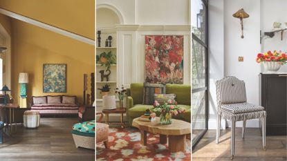 A trio of images, each a small section of a sitting room. 