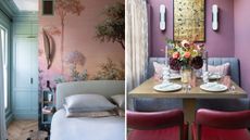 This two-paneled interior design collage features a sophisticated bedroom and a moody dining nook, both utilizing rich textures and artistic focal points. On the left, a bedroom displays a dreamy landscape mural in shades of pink and rose behind a light gray fluted headboard, contrasted by elegant sage green paneled cabinetry and ornate crown molding. On the right, a cozy dining area is set against dusty mauve walls, featuring a wooden table flanked by a gray tufted banquette and deep red leather chairs. The table is elaborately styled with a lush floral centerpiece, pink glassware, and sculptural candle holders, all positioned beneath a gold-leaf map of London and sleek modern sconces.