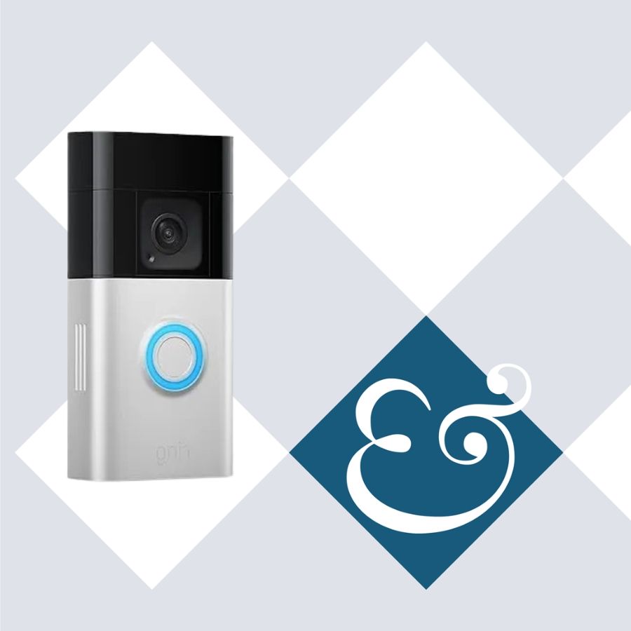 Ring, eufy and Blink video doorbells positioned on a tiled background with the Homes &amp;amp; Gardens '&amp;amp;' logo.