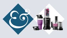 A cut out of the Nutribullet combo blender and food processor on a blue and white Homes & Gardens diamond template, which has the curly ampersand highlighted on a darker blue diamond