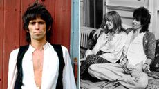 a splitscreen image with keith richards on the left and keith and anita pallenberg at his chelsea home on the right