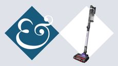 Shark Stratos Cordless Vacuum on tile background next to Homes & Gardens '&' logo.