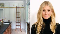 a split screen image with a ladder on the left and gwyneth paltrow on the right on a white background