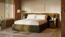 Cozey washable bed frame in sage chenille styled in an urban bedroom featuring exposed brick and ecclectic decor