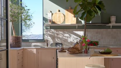 Pink, green, and white kitchen painted in Farrow & Ball's new flat eggshell finish