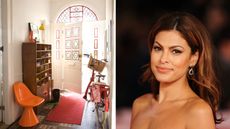 split screen with an entryway featuring a bike on on the left and eva mendes on the right