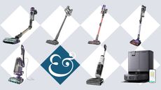 Shark, Dreame, Ultenic, Tinceo, and eufy vacuums on tile background with Homes & Gardens '&' logo.