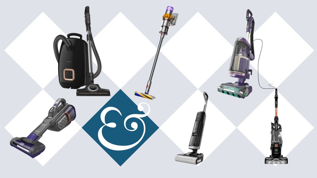 Miele, Dyson, Shark, Black and Decker, Dreame and Bissell vacuums on tile background with Homes &amp; Gardens '&amp;' logo.