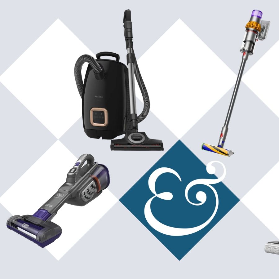 Miele, Dyson, Shark, Black and Decker, Dreame and Bissell vacuums on tile background with Homes &amp;amp; Gardens '&amp;amp;' logo.