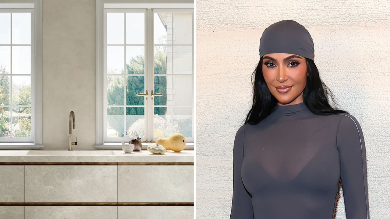 a split screen image with a cream kitchen on the left and a picture of kim kardashian wearing gray on the right