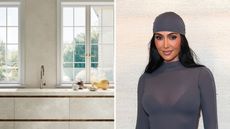 a split screen image with a cream kitchen on the left and a picture of kim kardashian wearing gray on the right