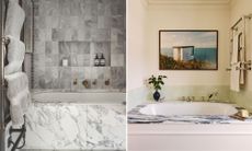 This side-by-side comparison features two elegant bathroom designs centered around luxurious built-in bathtubs. On the left, a textured aesthetic is achieved with a gray marble subway tile wall containing a recessed niche, complemented by a white marble tub surround with bold gray veining and antiqued brass fixtures. On the right, a more serene atmosphere is created with a tub featuring a dramatic, black-and-white marbled rim set against soft mint green square tiles and cream walls. This side is accented by a framed coastal landscape photograph and a polished chrome wall-mounted towel warmer, balancing classic charm with modern sophistication.