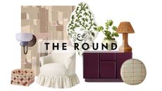 Collage of spring 2026 decor items, including a woven basket, wall sconce, wall mural, skirted accent chair, ceramic wall vase, berry lacquer sideboard, yellow vase, woven table lamp, and round geometrically patterned pillow, pictured against a white background