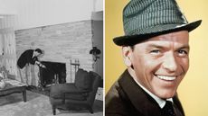 a split screen image with frank sinatra's house on the left and a picture of frank on the right with a yellow background