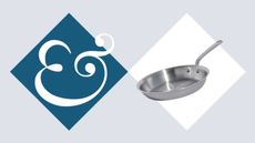 A stainless steal frying pan on in a white diamond, next to a dark blue diamond with an '&' in it. 