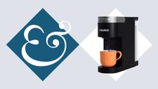 A black keurig K-slim coffee maker in a white diamond, next to a dark blue diamond with a & sign inside.