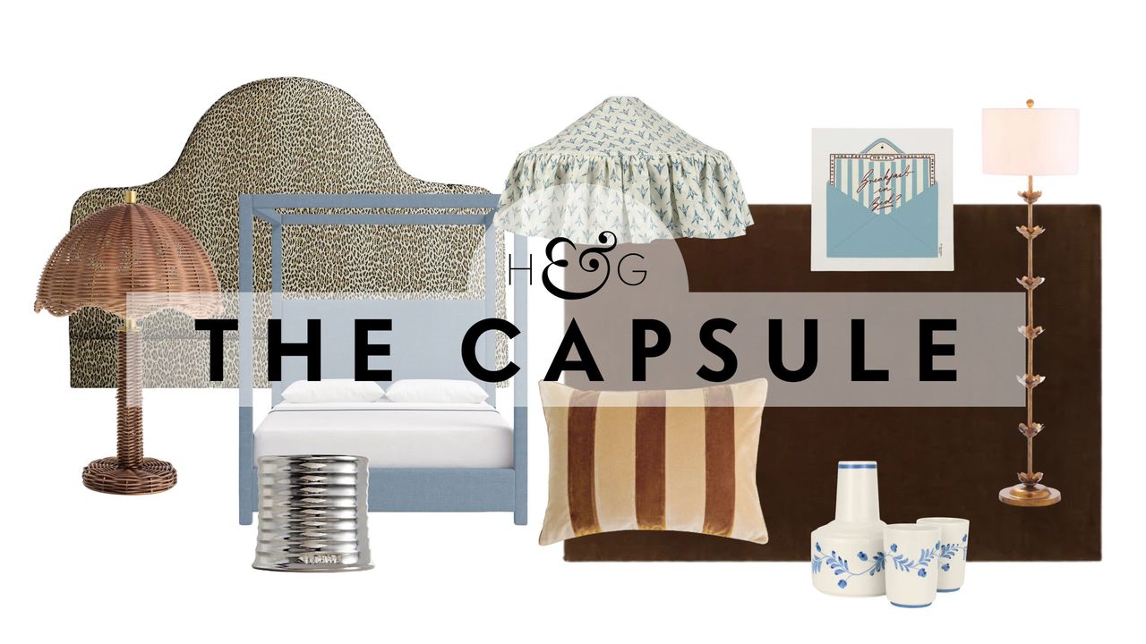 collage of trending bedroom products for 2026 including a leopard print headboard, chocolate brown rug, with ochre and light blue accessories