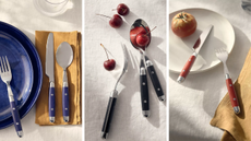 three images of flatware on various table settings with plates, table linens, and fruit