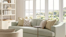 a coastal living room with a green couch with pillows on top