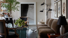 small living room with cream walls, a brown velvet sofa, large prints and a glass dining table